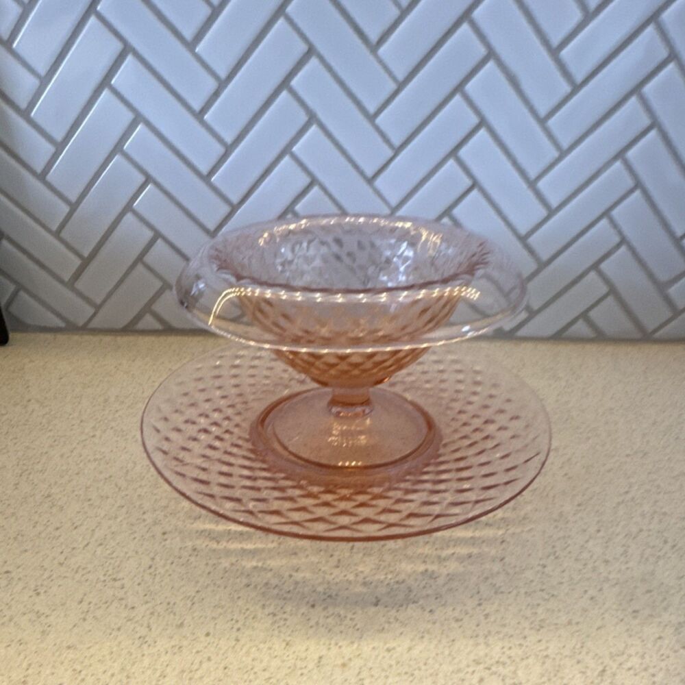 Imperial Pink Pressed Glass Diamond Pattern Round Bowl Glossy Finish